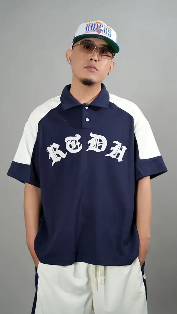 Navy Panel Polo Tee with Gothic Print